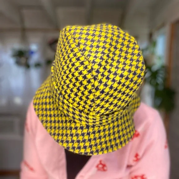 Vintage Preppy Trendy Yellow & Purple Houndstooth Print Reto Bucket Hat - Picture 9 of 11